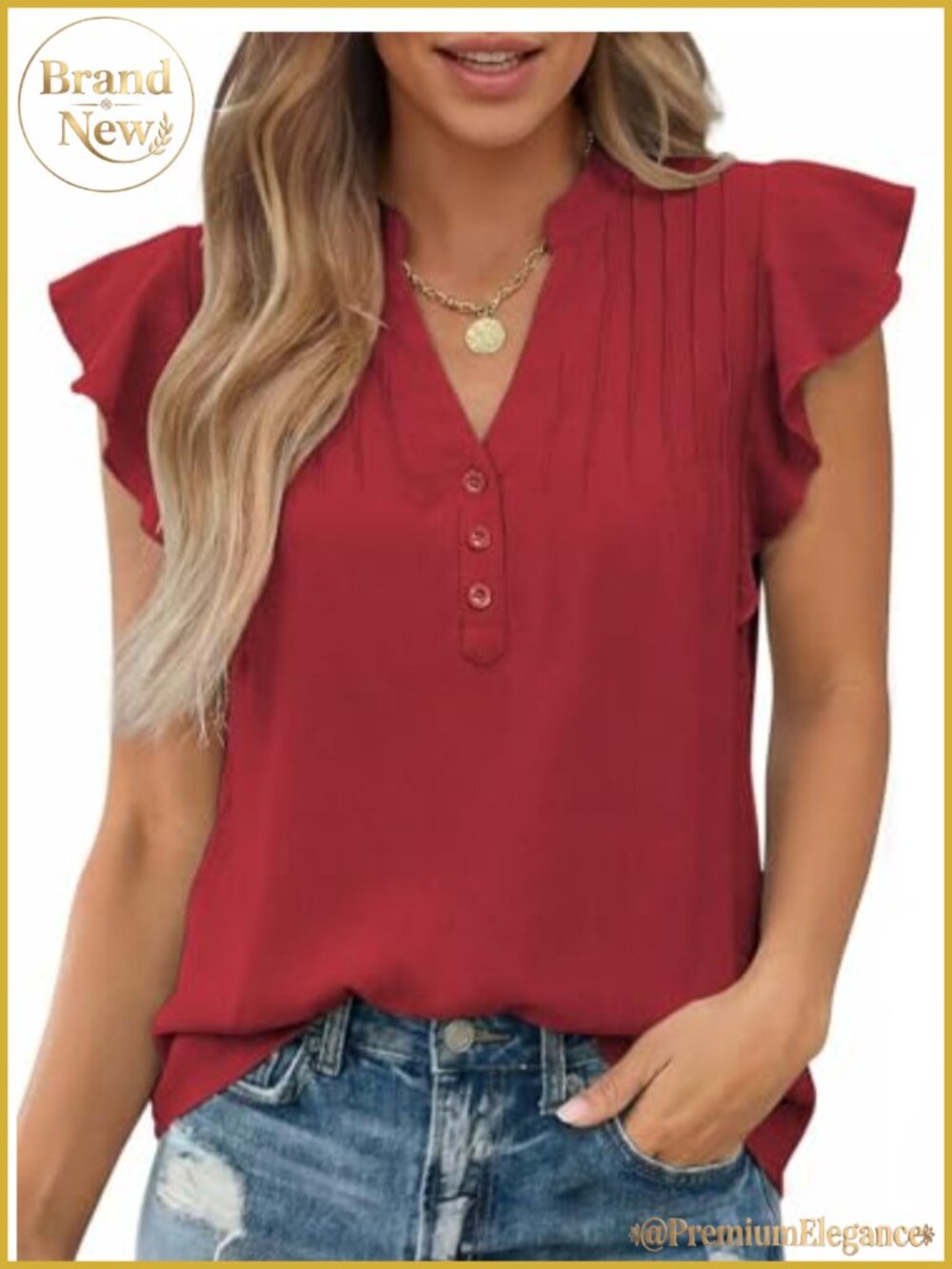 Womens Summer Tunic Blouse Ruffle Cap Sleeve Henley Button Front Pint